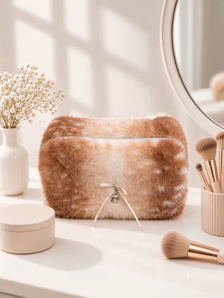 New Cute Plush Cosmetic Bag for Women, Large Capacity, Portable Travel Skin Care Storage and Toiletry Bag