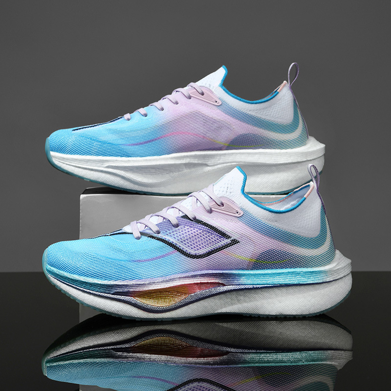 Zapatos de carreras de suela blanda superligera transpirables para hombres y mujeres, zapatos de carreras de carbono de fricción y sonido