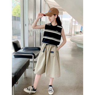 New Style Summer Wide-Leg Pants Set for Girls 2025 Fashionable Trendy Big Kids Summer Cargo Skirt Pants