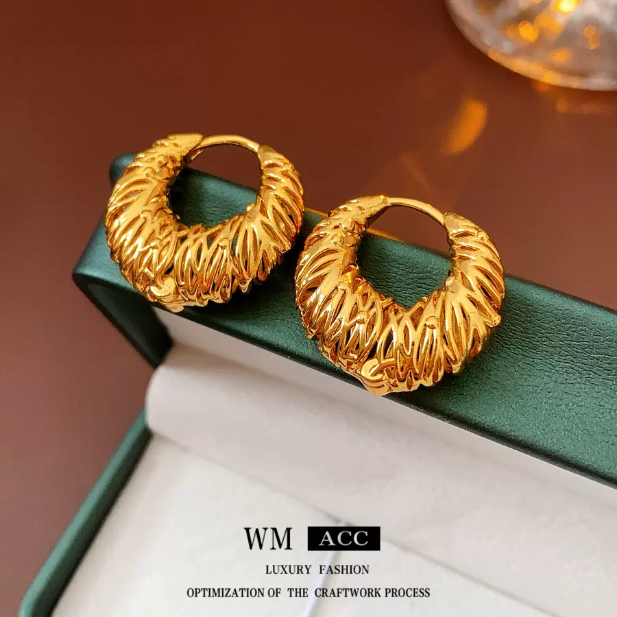 18k真金电镀圆形镂空耳扣时尚欧美百搭重工耳环高级感小众耳饰女