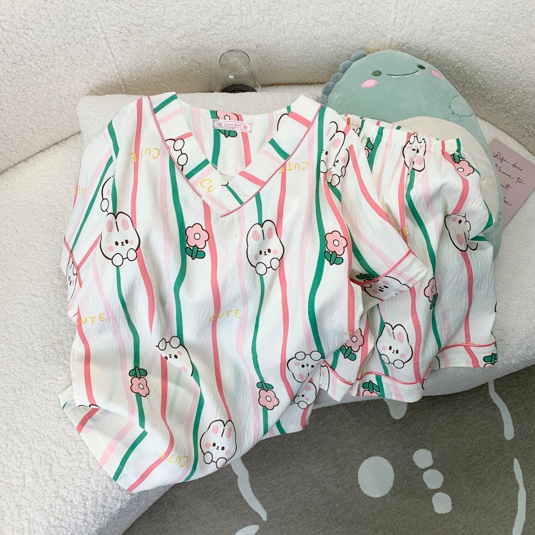 Al por mayor transfronterizo nuevo pijama dulce de verano nubes de algodón impresión de dibujos animados de cuello V hoodie set de ropa para el hogar