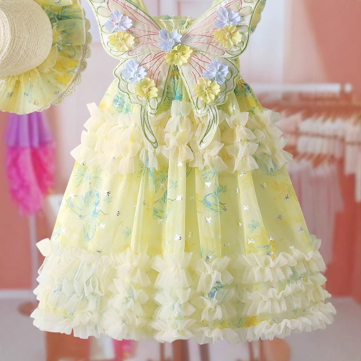 Girls Vest Mesh Dress 2025 New Summer Style Little Girl Butterfly Flower Sleeveless Fluffy Princess Dress