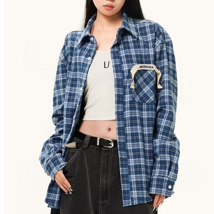 봄, 가을 한국 버전 틈새 복고풍 느슨한 격자 무늬 긴팔 셔츠 소년 분위기 하이 스트리트 다목적 격자 무늬 셔츠 트렌드