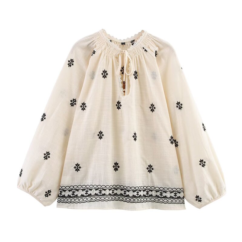 2025 New Summer Women's Clothing European and American Style Fashionable Simple Round Neck Lace-Up Sleeve Rope Embroidered Shirt 4387051