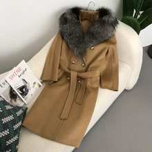 秋冬新款双面羊绒大衣女长款高端水波纹狐狸毛领羊毛外套欧美风