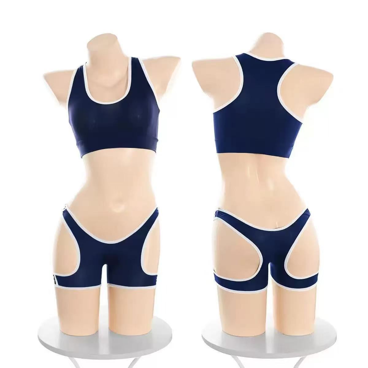Slim-Fit Sports Vest and Hip-Hugging Shorts Set, Blue Polyester Two-Piece Lingerie — detail image 5