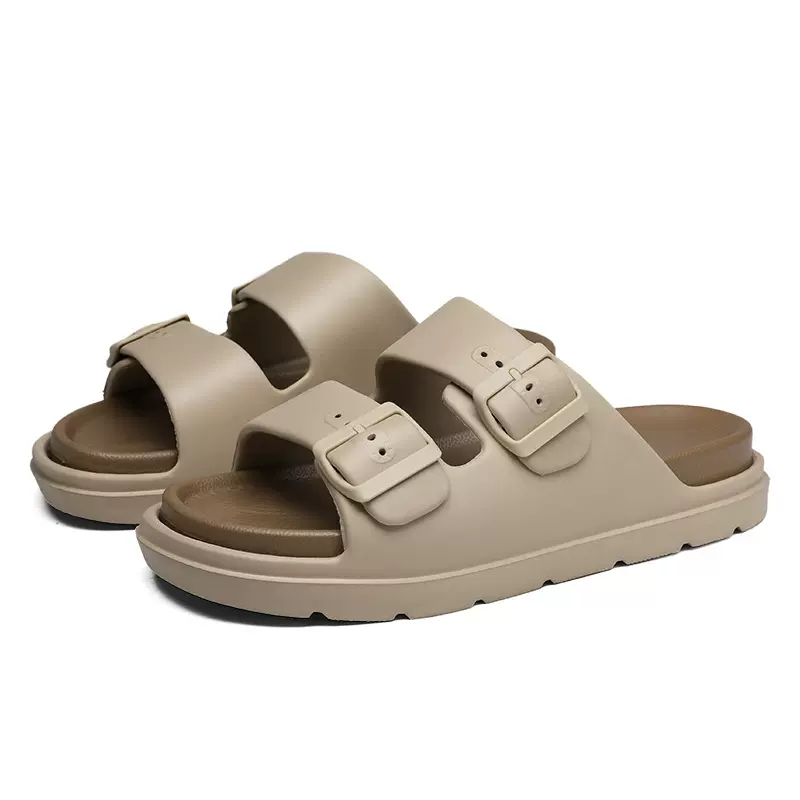 新款拖鞋男夏季新款大码外穿防滑双扣厚底双色拖鞋踩屎感EVA拖