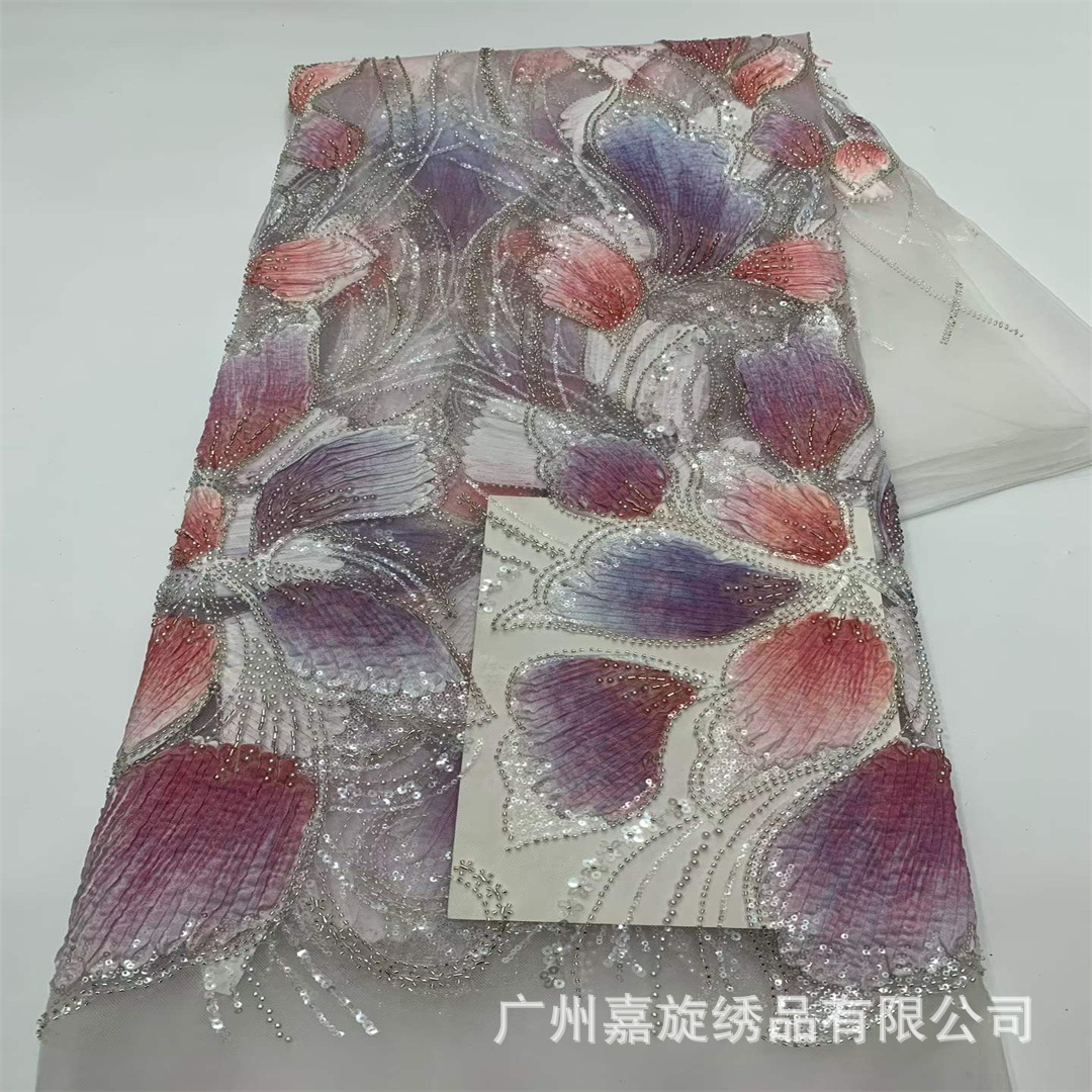 Nueva tela bordada de una sola cara con bordado tridimensional, tela de encaje de malla con cuentas hecha a mano, material para vestidos de novia del sudeste asiático y ropa de espectáculo.