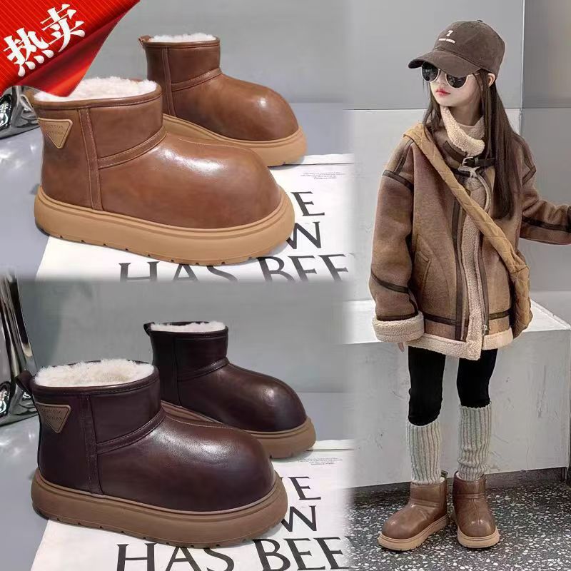 Niños cuero impermeable padres-hijos zapatos de nieve para niños y niñas calentamiento de lana gruesa zapatos de algodón grueso suela gruesa 2025 invierno image 1