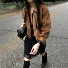 2025年秋季新款韩版ins气质 休闲鹿皮绒拼接PU短款皮衣外套  女