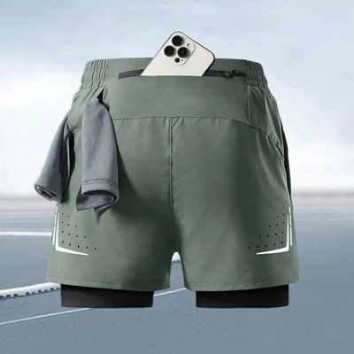 Marathon Professional Running Shorts for Men with Back Waist Pocket for Phone, Sports-Specific, Quick-Dry, Three-Point Fitness Shorts with Inner Lining (Car roof lining) - s-recommended-30-40kg-dk421-green-four-pockets-can-hold-mobile-phones