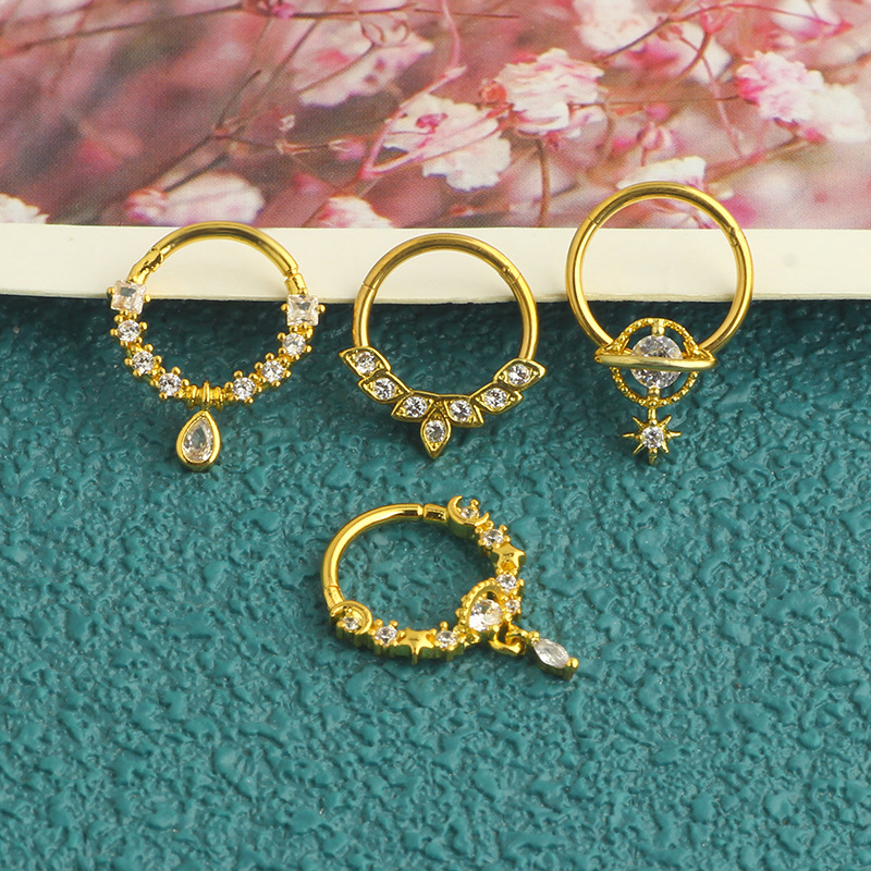 5-Piece Set Stainless Steel Inlaid Zircon Open Nose Ring, Planet Water Drop Earrings, Multifunctional Nose Jewelry detail image 9