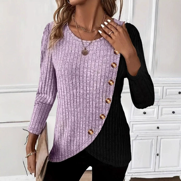 Летняя футболка 2025 года с круглым вырезом, декорированная пуговицами, двухцветная, с крупным размером, для экспорта в Европу и Америку