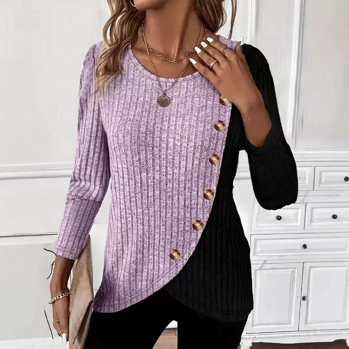 2025夏季跨欧美境外贸新款圆领纽扣装饰双色拼接大码T恤