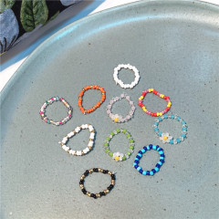 韓國新款串珠米珠戒指糖果色甜美可愛少女風水晶皺菊花朵戒圈手飾