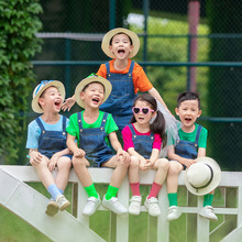 牛仔背带裤夏季多彩色短袖幼儿园园服小学生毕业班服亲子摄影拍照