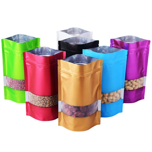Colorful aluminum foil bag with window opening, self-standing ziplock bag, matte biscuit gift bone bag, tea packaging bag, wedding candy bag