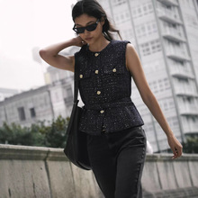 ZA速卖通爆款跨境外贸批发欧美风女装配腰带珠片饰纹理背心小香风