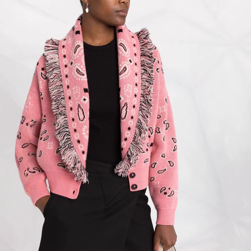 Cross-Border Spring New Style Pink Jacquard Short Cardigan European and American Bohemian Style Lapel Tassel Woolen Coat Jacket Cross-Border Spring New Style Pink Jacquard Short Cardigan European and American Bohemian Style Lapel Tassel Woolen Coat Jacket