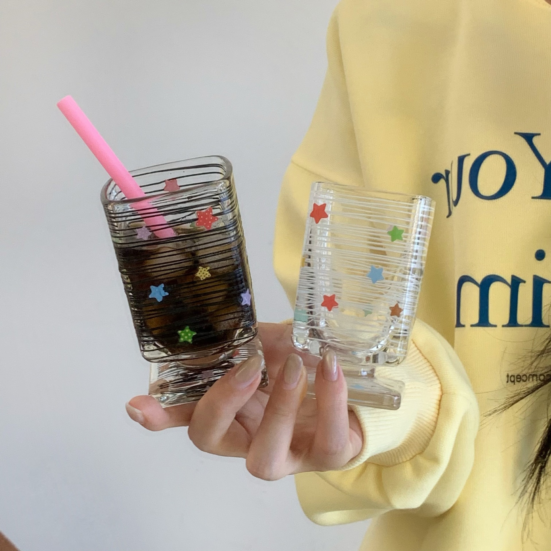 Cute Star Pattern Glass Cup For Juice And Milk Elegant Design_voghion.com