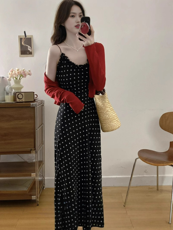 プラスサイズの女性の服ファットmm気質ファッション水玉模様ノースリーブサスペンダー気質ドレススーツ夏|undefined