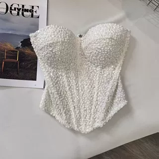 名媛重工白色立体抹胸上衣修身韩系别致打底外穿
