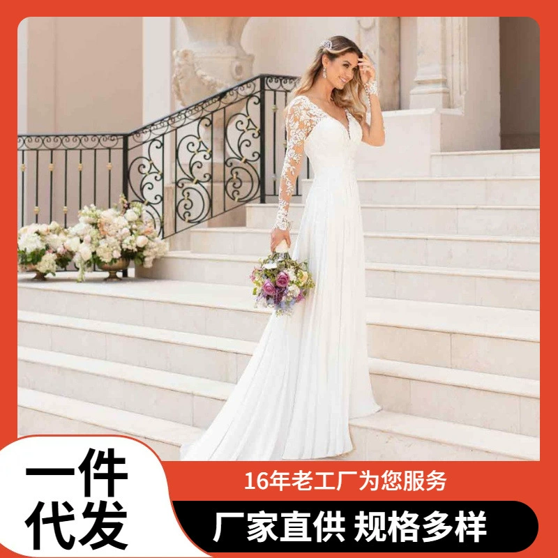 2025 внешнеторговое трансграничное европейское и американское свадебное платье вечернее платье с глубоким V-образным вырезом и открытой спиной сексуальное