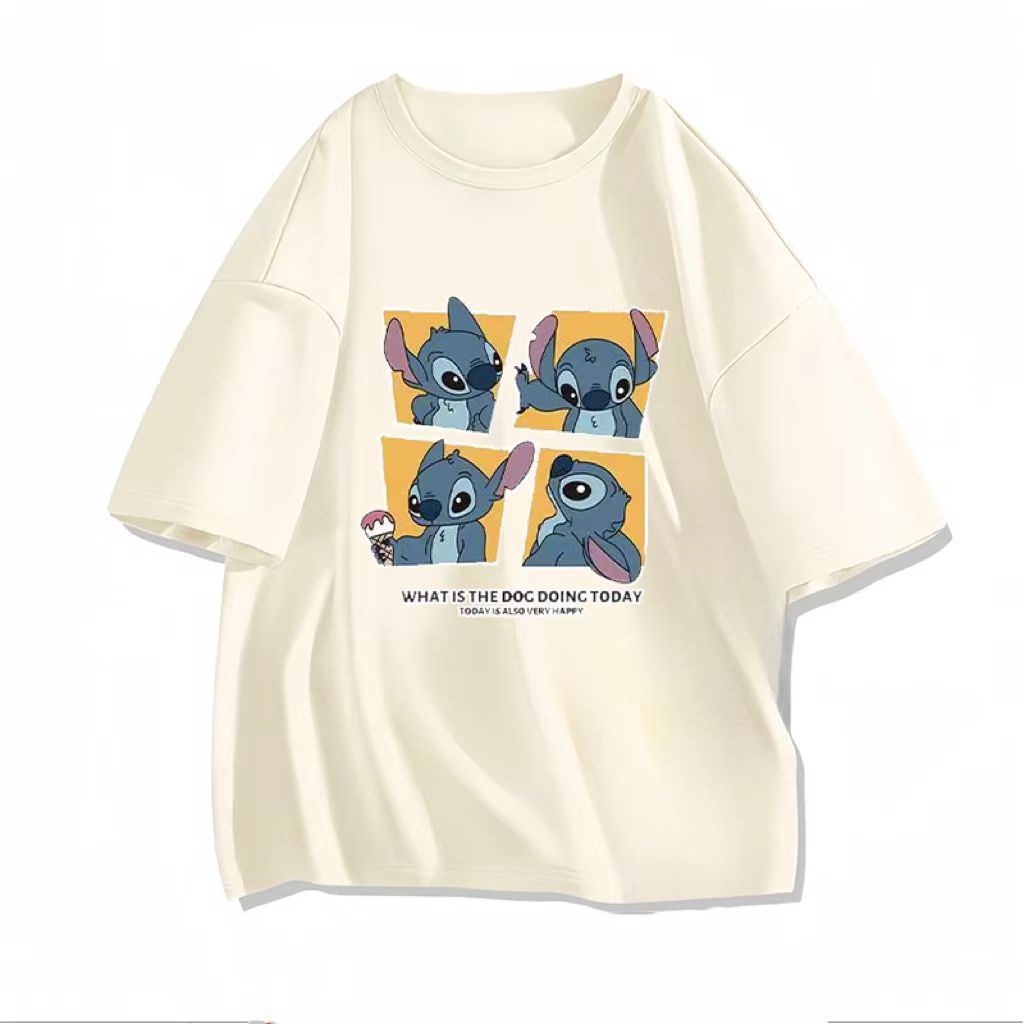 纯棉后包领 夏季新款卡通印花史迪仔圆领短袖T恤男女款原宿风批发