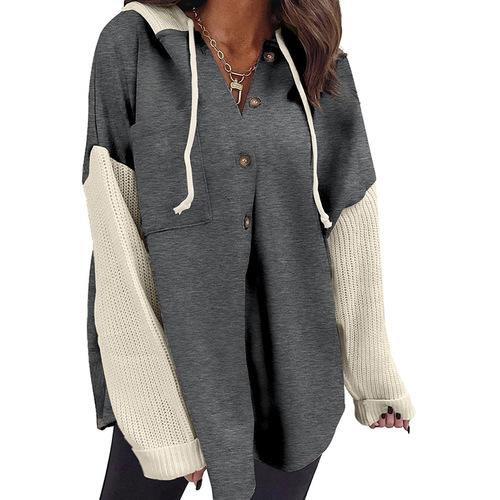 New Amazon cross-border European and American women's sweater spliced ​​hooded sweater casual jacket for women