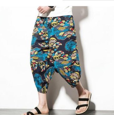 Venta al por mayor de fábrica pantalones de cáñamo de verano pantalones cortos para hombres pies sueltos pantalones de zanahoria pantalones harem de lino de algodón pantalones de flores de estilo étnico
