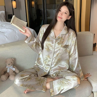 新中式国风冰丝睡衣女秋季薄款长袖高级花卉家居服套装可外穿批发