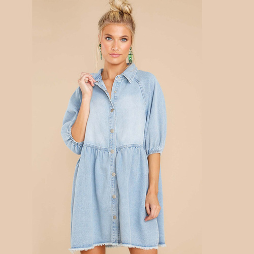  New Arrival Amazon Cross-Border Women's Fashion Hot-Selling Solid-Color Mid-Sleeve Denim Dress with Defined Waistline for European and American Markets