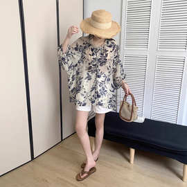 实拍小清新水墨印花系带防晒衬衫女夏季设计感小众宽松慵懒上衣