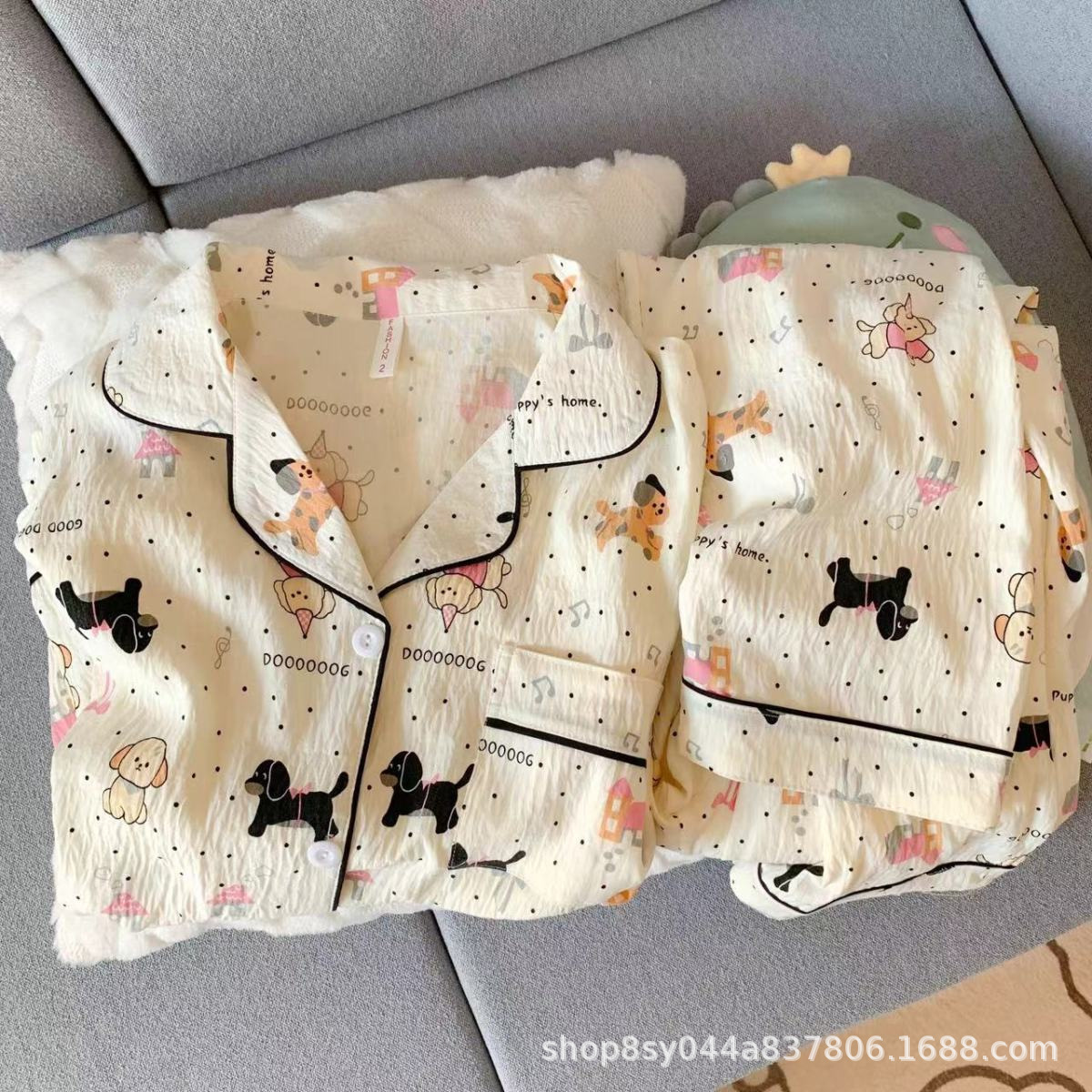 Dolce niña encantadora caricatura perro impresión pijama mujer primavera y otoño nuevo suelto pantalones largos de mangas largas set de ropa para el hogar