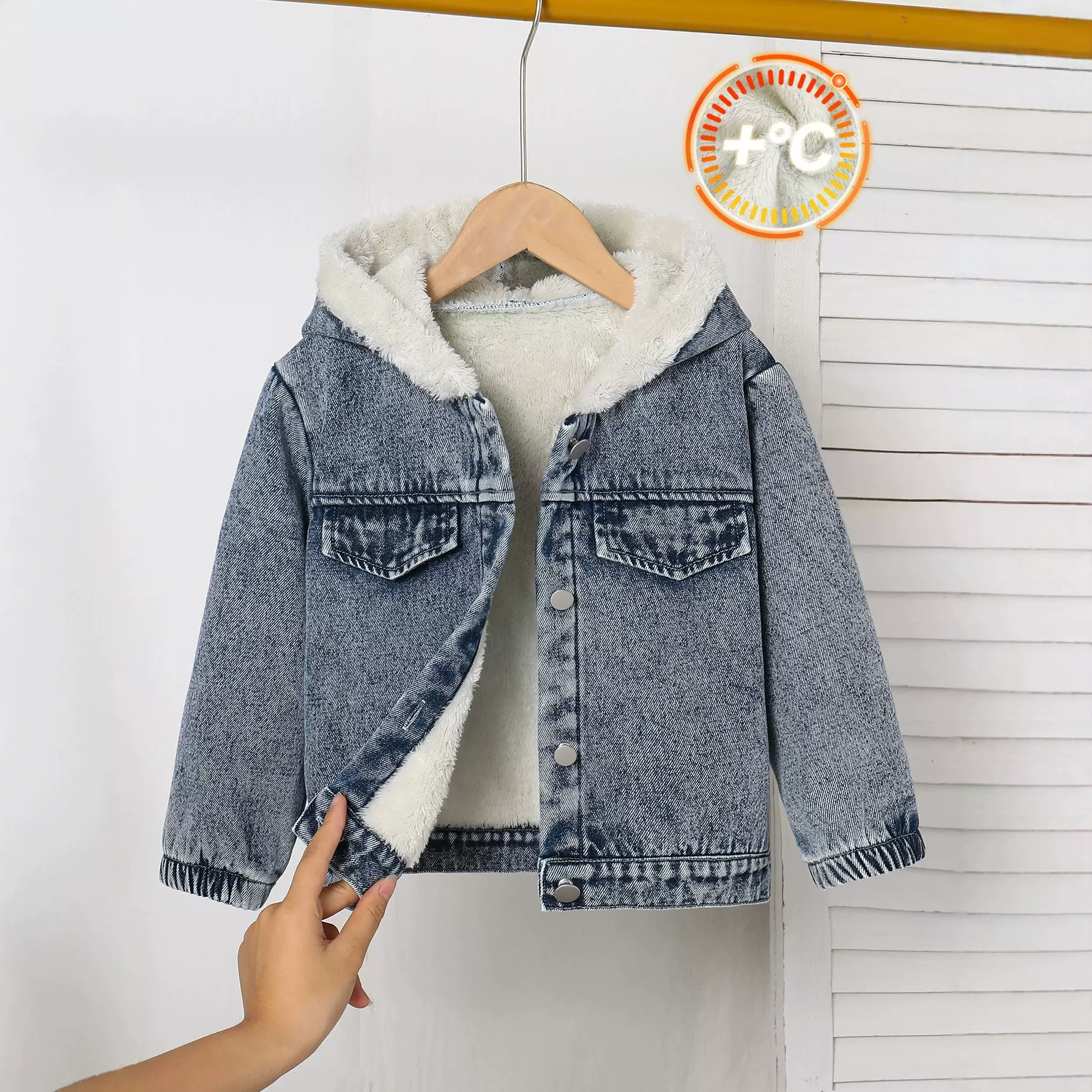 跨境女小童牛仔夹克时尚潮流开衫翻领短款复古加绒欧美外套棉