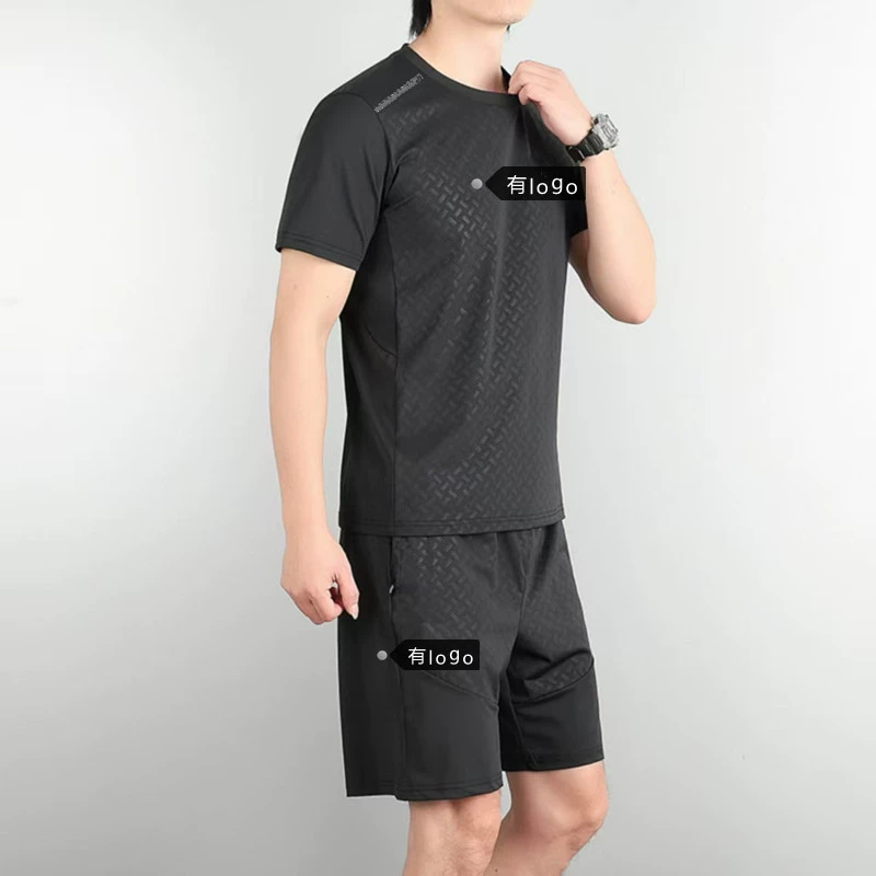 Брендовая летняя спортивная футболка из ледяного шелка с короткими рукавами, повседневный мужской костюм, свободные тонкие быстросохнущие экспортные брюки большого размера с пятью точками