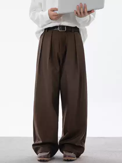 Smooth Drape Pleated Dress Pants Men Autumn Loose Straight Leg Long Trousers Japanese Retro Streetwear Casual Pants