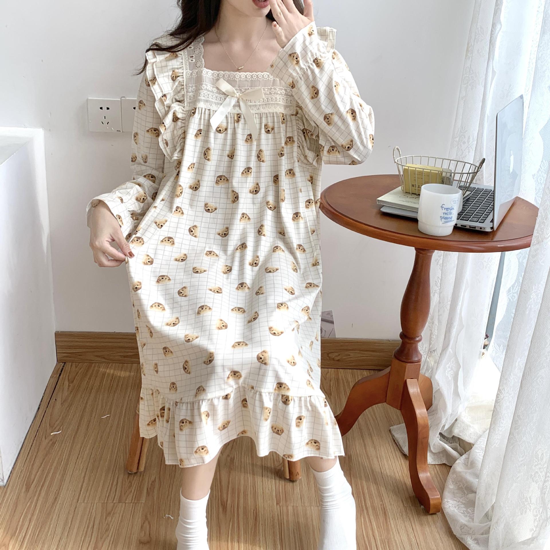 Nuevo estilo coreano princesa estilo camisón fresco lindo oso primavera y otoño pijamas largos de las mujeres vestido largo desgaste del hogar entrega