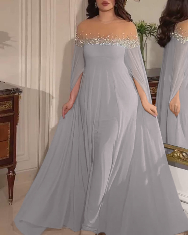 Elegant aftenkjole for damer med perler og stein i chiffon_voghion.com