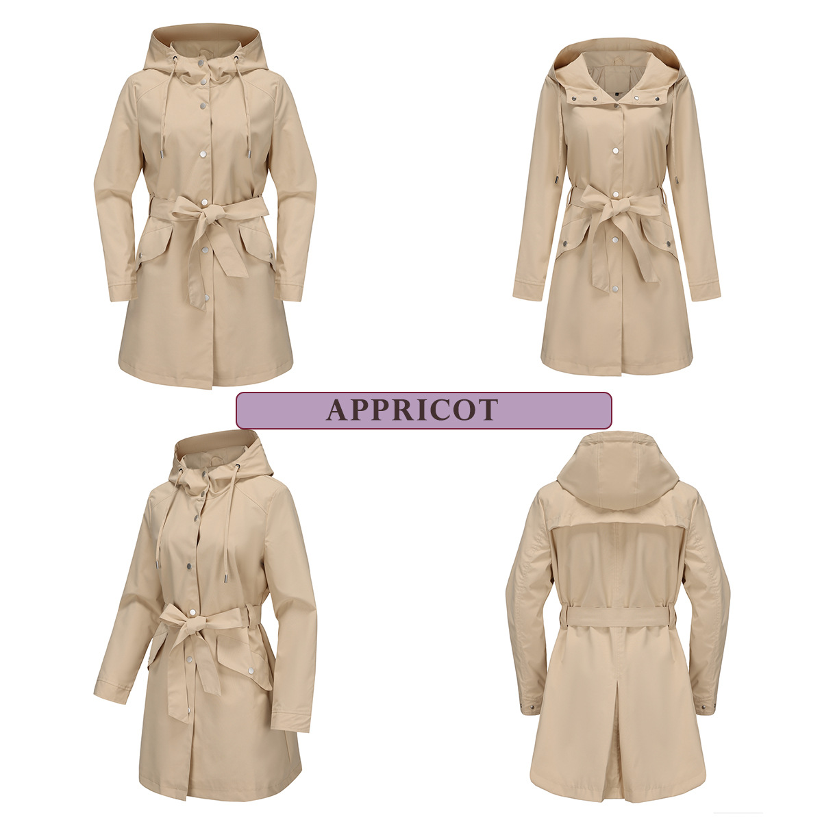 Women's Clothing Spring and Autumn Hooded Water Repellent Jacket with Belt Thin Casual Loose Windbreaker _voghion.com