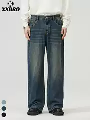Muxi Clothing # Fall High Street Loose Straight-Leg Pants Dark Blue Vintage Washed Distressed Jeans Unisex Wide-Leg Pants