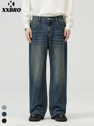Muxi Clothing #Autumn high street loose straight pants dark blue retro washed old jeans men and women's wide-leg pants