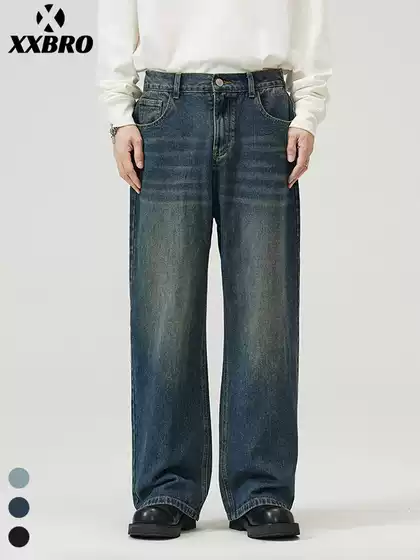 Muxi Clothing # Fall High Street Loose Straight-Leg Pants Dark Blue Vintage Washed Distressed Jeans Unisex Wide-Leg Pants