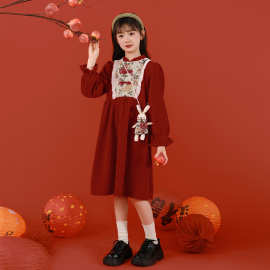 女童冬装连衣裙子洋气女儿童新年装红色年服喜庆中大童丝绒连衣裙