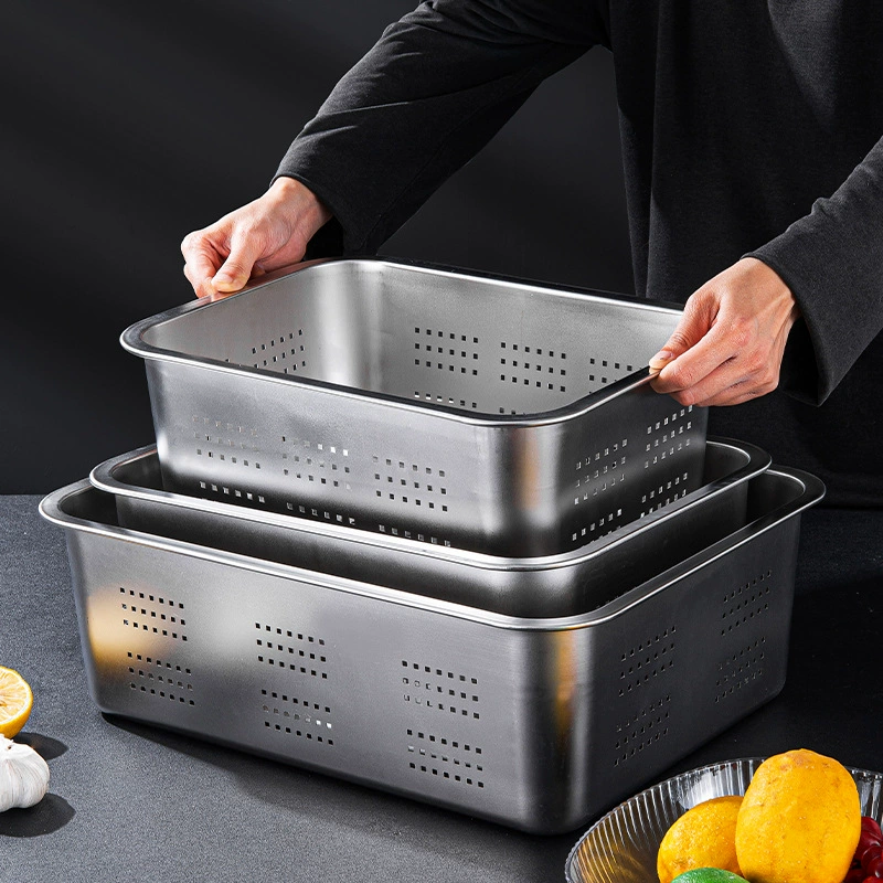 Посудная grade thickened and deepening stainless steel rectangular leakage disk with holes and covered vegetables, drying water, draining basin punching filter basin