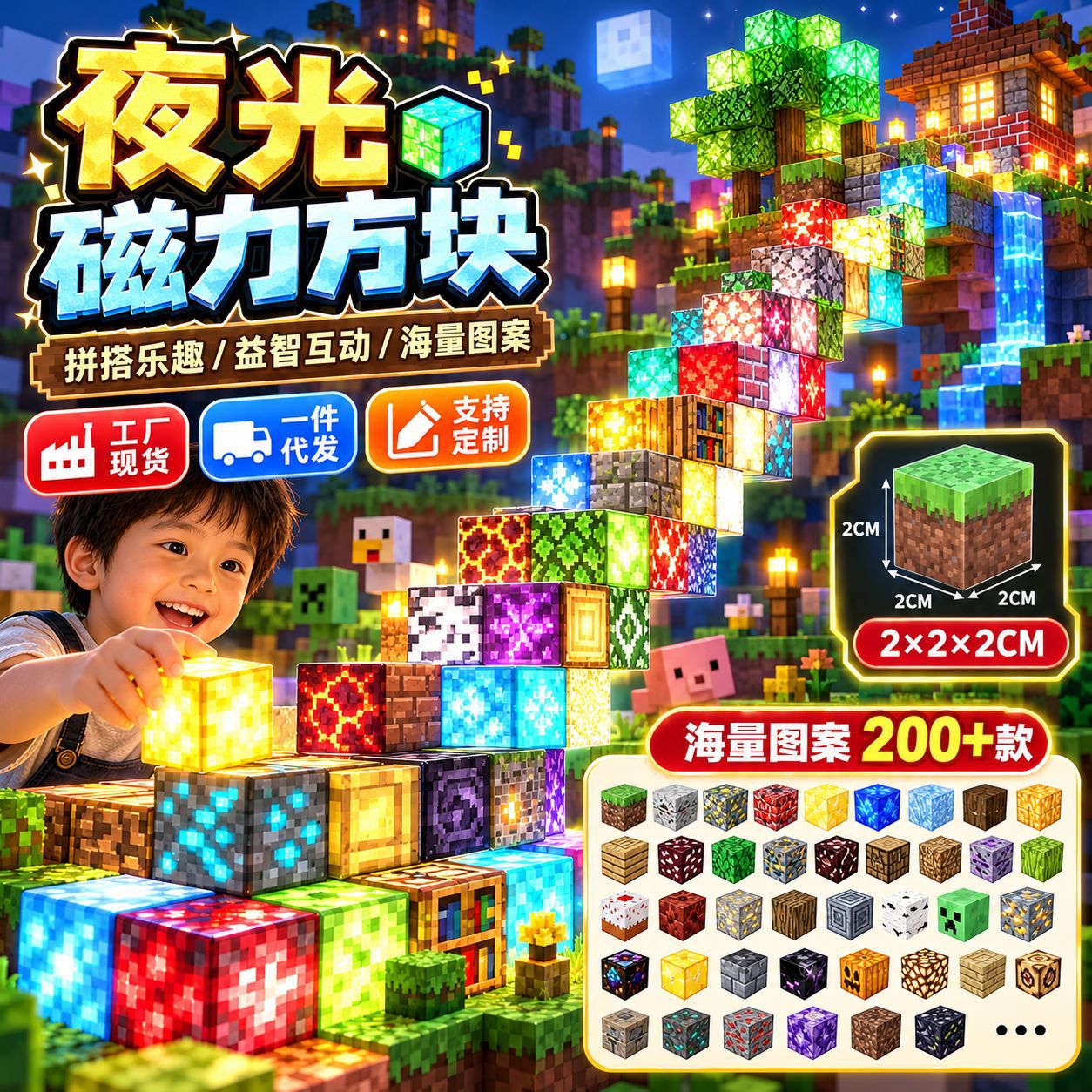 磁力世界发光磁力方块DIY拼装积木磁吸灯光积木儿童益智玩具批发
