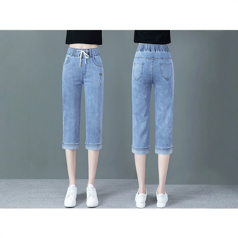2025 New Women's Thin Mid-Length Jeans Summer High-Waisted Loose Slimming Cropped Pants Straight-Leg Pants for Women
