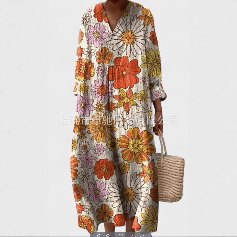 2025 Cross-Border Independent Station Amazon Long-Sleeved Shirt Dress Women's Casual Floral 3D Printed Sleeve Long Skirt