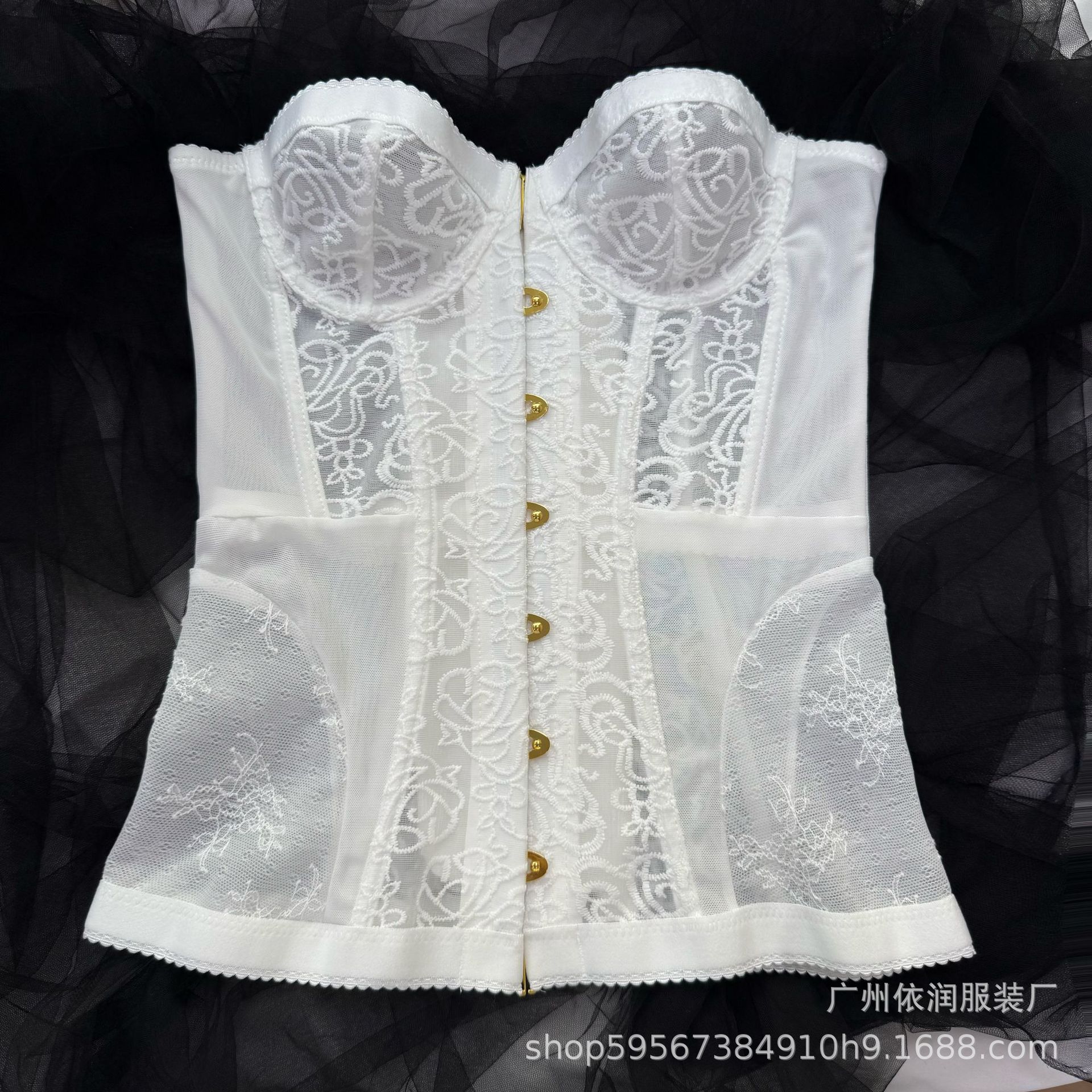 Europa y los Estados Unidos transfronterizos primavera y verano hueso de pescado cintura curva pechos de encaje sexy perspectiva corpiero de cuerpo delgado blusa de hombros abiertos