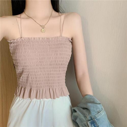 Ice silk beautiful back camisole for women with breast pads for outer wear double shoulder straps pleated mid-length solid color bottoming tube top underwear